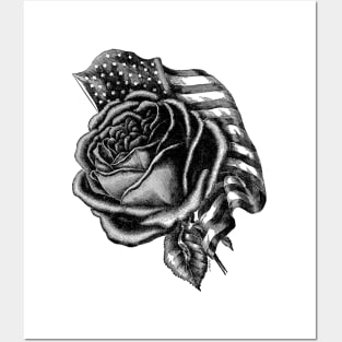 Rose with the United States Flag - Black & White Posters and Art